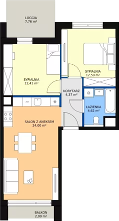 3 pokoje, mieszkanie 57,99 m², piętro 1, oferta nr 4.01.D06, Ogrody Andersa III, Gliwice, Wojska Polskiego, ul. Generała Władysława Andersa