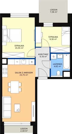 3 pokoje, mieszkanie 58,00 m², piętro 2, oferta nr 4.02.D11, Ogrody Andersa III, Gliwice, Wojska Polskiego, ul. Generała Władysława Andersa