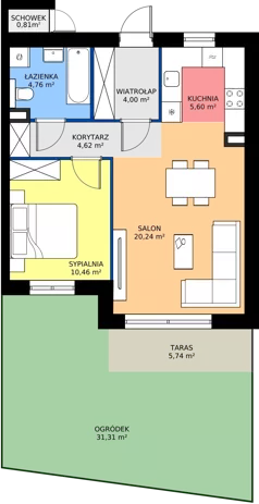 2 pokoje, mieszkanie 49,68 m², parter, oferta nr 14A.1, Przystań Sobieszewo, Gdańsk, Wyspa Sobieszewska, ul. Narcyzowa