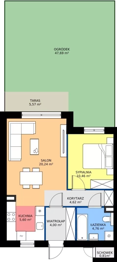 2 pokoje, mieszkanie 49,68 m², parter, oferta nr 16F.1, Przystań Sobieszewo, Gdańsk, Wyspa Sobieszewska, ul. Narcyzowa