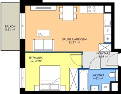 2 pokoje, mieszkanie 43,57 m², piętro 1, oferta nr 1A.17, Skwer Harmonia 2, Kraków, Podgórze, Rybitwy, ul. Półłanki