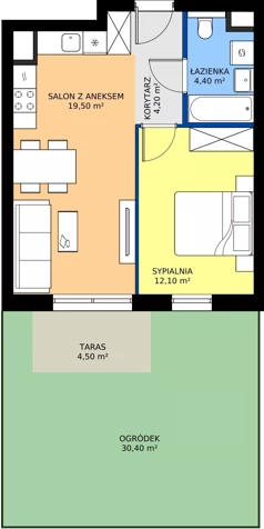 2 pokoje, mieszkanie 37,20 m², piętro 1, oferta nr A1.1.09, ATAL Floriana, Szczecin, Śródmieście, Łasztownia, św. Floriana