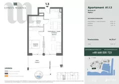 2 pokoje, apartament inwestycyjny 44,69 m², piętro 1, oferta nr A1, Lowen Marina, Giżycko, ul. Świętego Brunona