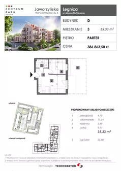 2 pokoje, mieszkanie 35,33 m², parter, oferta nr 3, Osiedle Centrum Park, Legnica, ul. Mickiewicza 44/45
