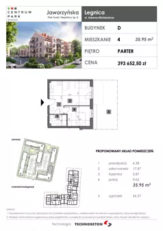2 pokoje, mieszkanie 35,95 m², parter, oferta nr 4, Osiedle Centrum Park, Legnica, ul. Mickiewicza 44/45
