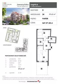 2 pokoje, mieszkanie 59,62 m², parter, oferta nr 24, Osiedle Centrum Park, Legnica, ul. Mickiewicza 44/45