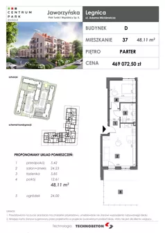 2 pokoje, mieszkanie 48,11 m², parter, oferta nr 37, Osiedle Centrum Park, Legnica, ul. Mickiewicza 44/45