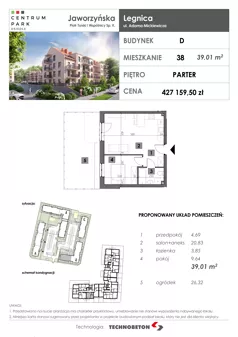 2 pokoje, mieszkanie 39,01 m², parter, oferta nr 38, Osiedle Centrum Park, Legnica, ul. Mickiewicza 44/45