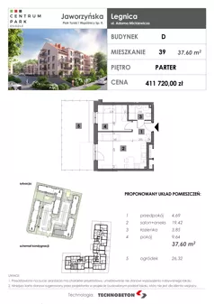 2 pokoje, mieszkanie 37,60 m², parter, oferta nr 39, Osiedle Centrum Park, Legnica, ul. Mickiewicza 44/45
