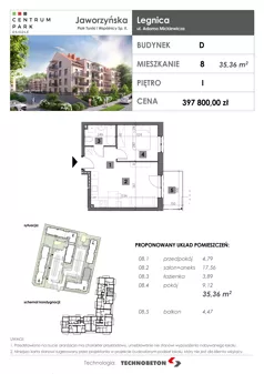 2 pokoje, mieszkanie 35,36 m², piętro 1, oferta nr 8, Osiedle Centrum Park, Legnica, ul. Mickiewicza 44/45