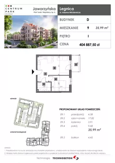 2 pokoje, mieszkanie 35,99 m², piętro 1, oferta nr 9, Osiedle Centrum Park, Legnica, ul. Mickiewicza 44/45