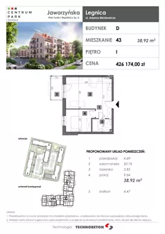 2 pokoje, mieszkanie 38,92 m², piętro 1, oferta nr 43, Osiedle Centrum Park, Legnica, ul. Mickiewicza 44/45