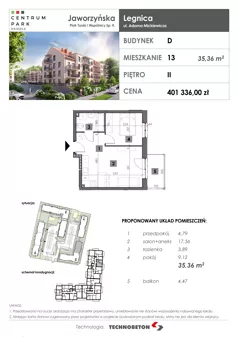 2 pokoje, mieszkanie 35,36 m², piętro 2, oferta nr 13, Osiedle Centrum Park, Legnica, ul. Mickiewicza 44/45