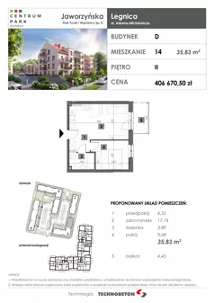 2 pokoje, mieszkanie 35,83 m², piętro 2, oferta nr 14, Osiedle Centrum Park, Legnica, ul. Mickiewicza 44/45