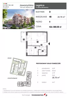 2 pokoje, mieszkanie 38,78 m², piętro 2, oferta nr 48, Osiedle Centrum Park, Legnica, ul. Mickiewicza 44/45