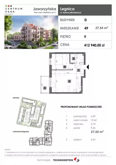 2 pokoje, mieszkanie 37,54 m², piętro 2, oferta nr 49, Osiedle Centrum Park, Legnica, ul. Mickiewicza 44/45