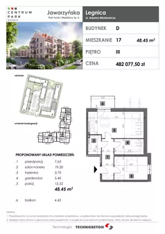 2 pokoje, mieszkanie 48,45 m², piętro 3, oferta nr 17, Osiedle Centrum Park, Legnica, ul. Mickiewicza 44/45
