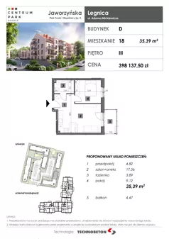 2 pokoje, mieszkanie 35,39 m², piętro 3, oferta nr 18, Osiedle Centrum Park, Legnica, ul. Mickiewicza 44/45