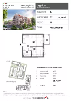 2 pokoje, mieszkanie 35,76 m², piętro 3, oferta nr 19, Osiedle Centrum Park, Legnica, ul. Mickiewicza 44/45