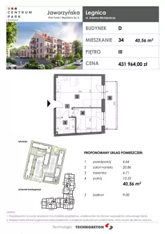 2 pokoje, mieszkanie 40,56 m², piętro 3, oferta nr 34, Osiedle Centrum Park, Legnica, ul. Mickiewicza 44/45