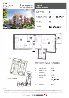 2 pokoje, mieszkanie 56,87 m², piętro 3, oferta nr 36, Osiedle Centrum Park, Legnica, ul. Mickiewicza 44/45