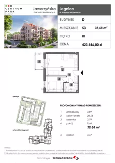2 pokoje, mieszkanie 38,68 m², piętro 3, oferta nr 53, Osiedle Centrum Park, Legnica, ul. Mickiewicza 44/45