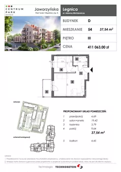 2 pokoje, mieszkanie 37,54 m², piętro 3, oferta nr 54, Osiedle Centrum Park, Legnica, ul. Mickiewicza 44/45