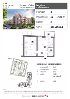 2 pokoje, mieszkanie 39,10 m², piętro 3, oferta nr 55, Osiedle Centrum Park, Legnica, ul. Mickiewicza 44/45