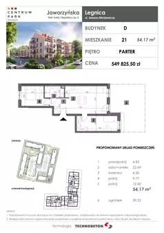 3 pokoje, mieszkanie 54,17 m², parter, oferta nr 21, Osiedle Centrum Park, Legnica, ul. Mickiewicza 44/45