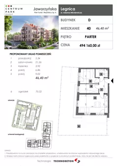 3 pokoje, mieszkanie 46,40 m², parter, oferta nr 40, Osiedle Centrum Park, Legnica, ul. Mickiewicza 44/45