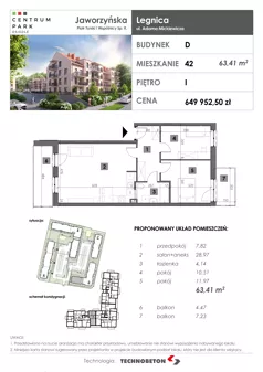 3 pokoje, mieszkanie 63,41 m², piętro 1, oferta nr 42, Osiedle Centrum Park, Legnica, ul. Mickiewicza 44/45