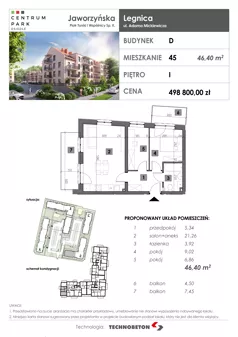 3 pokoje, mieszkanie 46,40 m², piętro 1, oferta nr 45, Osiedle Centrum Park, Legnica, ul. Mickiewicza 44/45