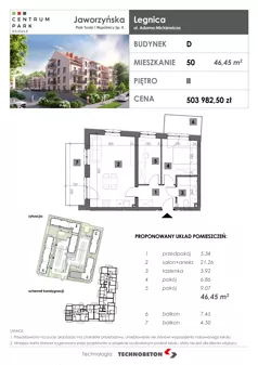 3 pokoje, mieszkanie 46,45 m², piętro 2, oferta nr 50, Osiedle Centrum Park, Legnica, ul. Mickiewicza 44/45