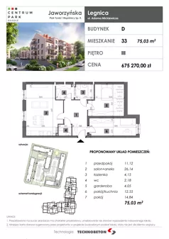 3 pokoje, mieszkanie 75,03 m², piętro 3, oferta nr 33, Osiedle Centrum Park, Legnica, ul. Mickiewicza 44/45