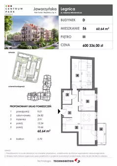 3 pokoje, mieszkanie 60,64 m², piętro 3, oferta nr 56, Osiedle Centrum Park, Legnica, ul. Mickiewicza 44/45