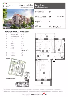 4 pokoje, mieszkanie 78,08 m², piętro 1, oferta nr 10, Osiedle Centrum Park, Legnica, ul. Mickiewicza 44/45