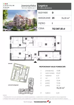 4 pokoje, mieszkanie 76,35 m², piętro 1, oferta nr 25, Osiedle Centrum Park, Legnica, ul. Mickiewicza 44/45