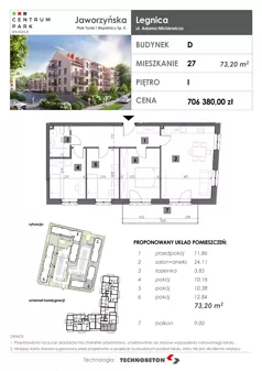 4 pokoje, mieszkanie 73,20 m², piętro 1, oferta nr 27, Osiedle Centrum Park, Legnica, ul. Mickiewicza 44/45