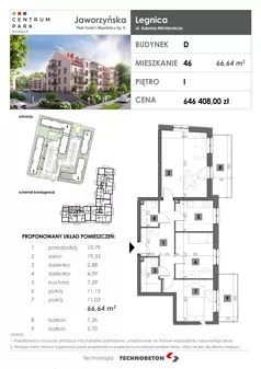 4 pokoje, mieszkanie 66,64 m², piętro 1, oferta nr 46, Osiedle Centrum Park, Legnica, ul. Mickiewicza 44/45