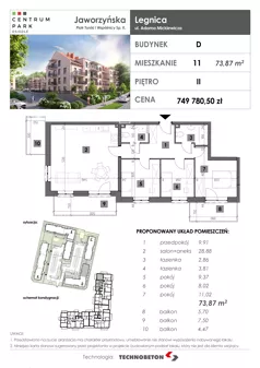 4 pokoje, mieszkanie 73,87 m², piętro 2, oferta nr 11, Osiedle Centrum Park, Legnica, ul. Mickiewicza 44/45