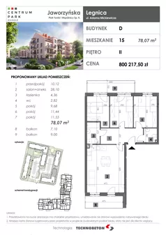 4 pokoje, mieszkanie 78,07 m², piętro 2, oferta nr 15, Osiedle Centrum Park, Legnica, ul. Mickiewicza 44/45