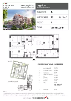 4 pokoje, mieszkanie 76,28 m², piętro 2, oferta nr 29, Osiedle Centrum Park, Legnica, ul. Mickiewicza 44/45