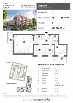 4 pokoje, mieszkanie 65,36 m², piętro 3, oferta nr 16, Osiedle Centrum Park, Legnica, ul. Mickiewicza 44/45