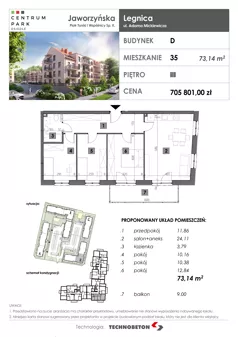 4 pokoje, mieszkanie 73,14 m², piętro 3, oferta nr 35, Osiedle Centrum Park, Legnica, ul. Mickiewicza 44/45