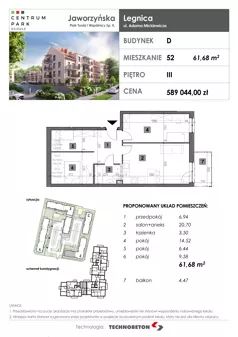 4 pokoje, mieszkanie 61,68 m², piętro 3, oferta nr 52, Osiedle Centrum Park, Legnica, ul. Mickiewicza 44/45