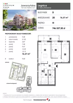 5 pokoi, mieszkanie 76,57 m², piętro 3, oferta nr 20, Osiedle Centrum Park, Legnica, ul. Mickiewicza 44/45