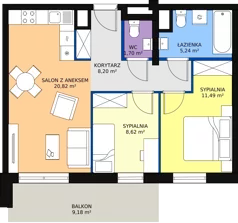3 pokoje, mieszkanie 56,27 m², piętro 1, oferta nr B 1.14, Melody Park, Łódź, Śródmieście, Śródmieście-Wschód, ul. Pomorska 72/74