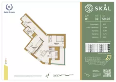 3 pokoje, mieszkanie 59,96 m², piętro 1, oferta nr M.32, SKAL, Łódź, Polesie, ul. Borowa 1