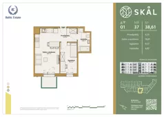 2 pokoje, mieszkanie 38,61 m², piętro 1, oferta nr M.37, SKAL, Łódź, Polesie, ul. Borowa 1