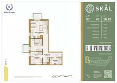 3 pokoje, mieszkanie 56,85 m², piętro 2, oferta nr M.43, SKAL, Łódź, Polesie, ul. Borowa 1